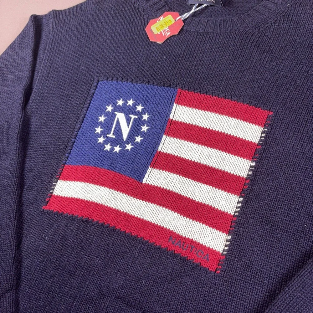 Nautica Mens XL Navy Blue Cotton Crewneck American Flag Graphic Sweater NWT